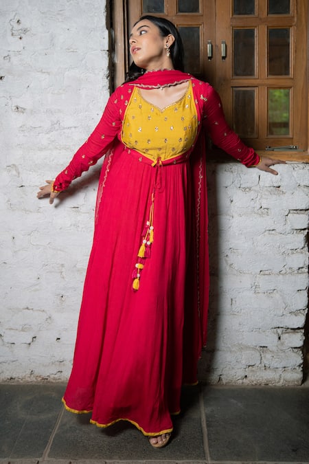 Shop Pooja Kankariya Fuchsia Chiffon, Silk Sequins, Zari And Embroidered Anarkali Churidar Set at Aza Fashions Shop_Pooja Kankariya_Fuchsia Chiffon, Silk Sequins, Zari And Embroidered Anarkali Churidar Set _at_Aza_Fashions