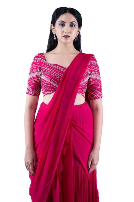 Pooja Kankariya_Fuchsia Silk, Organza, Chiffon Cut Work, Sequins Pleated Pre-draped Saree Set _Online_at_Aza_Fashions