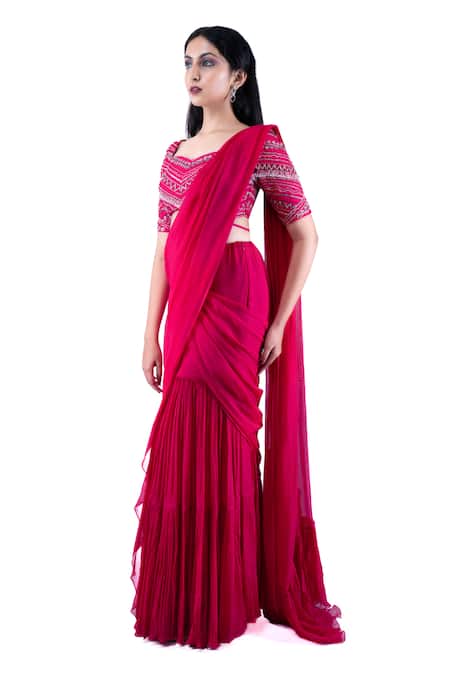 Buy_Pooja Kankariya_Fuchsia Silk, Organza, Chiffon Cut Work, Sequins Pleated Pre-draped Saree Set _Online_at_Aza_Fashions