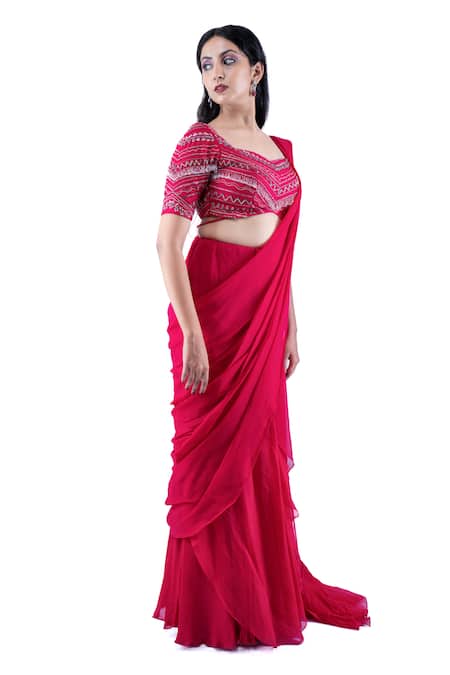 Shop_Pooja Kankariya_Fuchsia Silk, Organza, Chiffon Cut Work, Sequins Pleated Pre-draped Saree Set _Online_at_Aza_Fashions