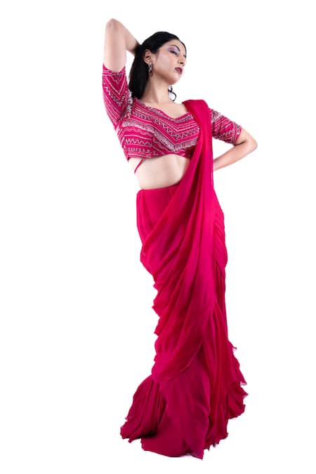 Pooja Kankariya_Fuchsia Silk, Organza, Chiffon Cut Work, Sequins Pleated Pre-draped Saree Set _at_Aza_Fashions