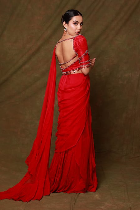 Shop Pooja Kankariya Red Silk, Georgette Sequins, Beads And Embroidered Pre-draped Saree Set at Aza Fashions Shop_Pooja Kankariya_Red Silk, Georgette Sequins, Beads And Embroidered Pre-draped Saree Set _at_Aza_Fashions