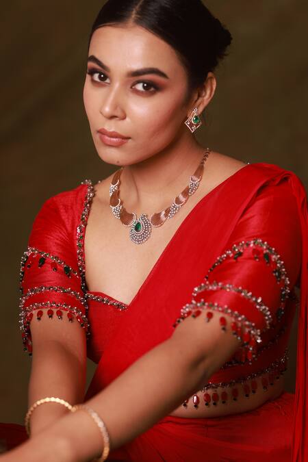Pooja Kankariya Red Silk, Georgette Sequins, Beads And Embroidered Pre-draped Saree Set Online at Aza Fashions Pooja Kankariya_Red Silk, Georgette Sequins, Beads And Embroidered Pre-draped Saree Set _Online_at_Aza_Fashions