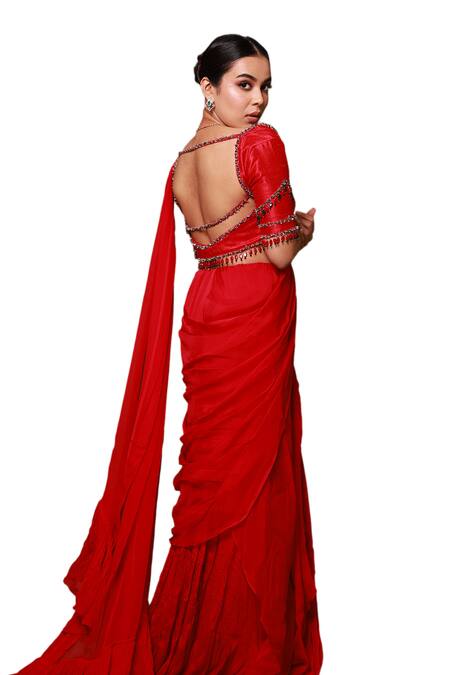 Buy Pooja Kankariya Red Silk, Georgette Sequins, Beads And Embroidered Pre-draped Saree Set Online at Aza Fashions Buy_Pooja Kankariya_Red Silk, Georgette Sequins, Beads And Embroidered Pre-draped Saree Set _Online_at_Aza_Fashions