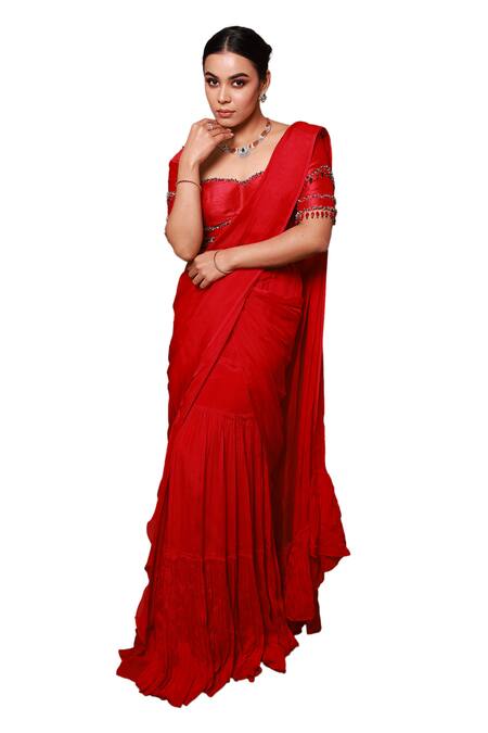 Shop Pooja Kankariya Red Silk, Georgette Sequins, Beads And Embroidered Pre-draped Saree Set Online at Aza Fashions Shop_Pooja Kankariya_Red Silk, Georgette Sequins, Beads And Embroidered Pre-draped Saree Set _Online_at_Aza_Fashions