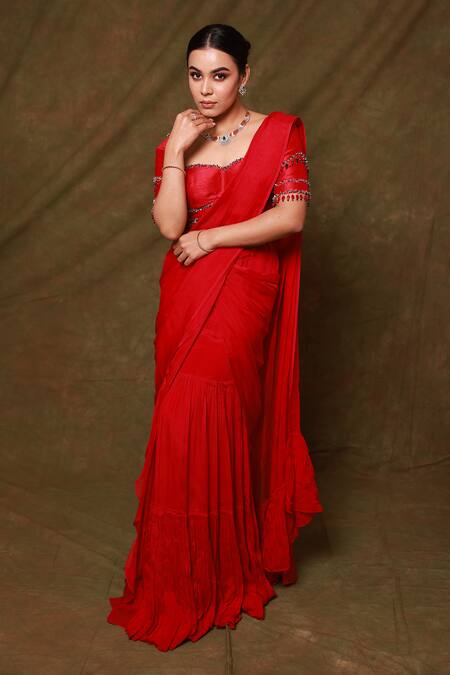 Pooja Kankariya Red Silk, Georgette Sequins, Beads And Embroidered Pre-draped Saree Set at Aza Fashions Pooja Kankariya_Red Silk, Georgette Sequins, Beads And Embroidered Pre-draped Saree Set _at_Aza_Fashions