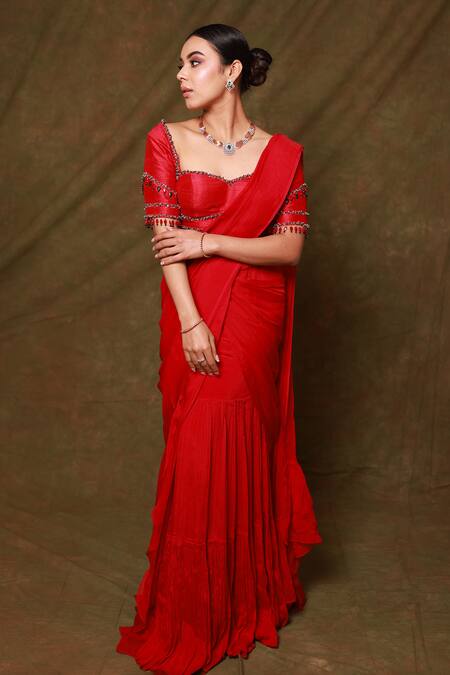 Buy Pooja Kankariya Red Silk, Georgette Sequins, Beads And Embroidered Pre-draped Saree Set Buy_Pooja Kankariya_Red Silk, Georgette Sequins, Beads And Embroidered Pre-draped Saree Set