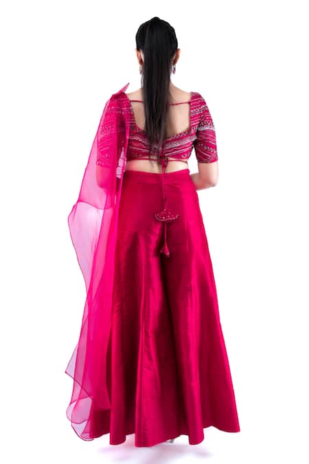 Shop Pooja Kankariya Fuchsia Silk, Organza Sequins, Beads Sweetheart Embroidered Blouse Sharara Set at Aza Fashions Shop_Pooja Kankariya_Fuchsia Silk, Organza Sequins, Beads Sweetheart Embroidered Blouse Sharara Set _at_Aza_Fashions