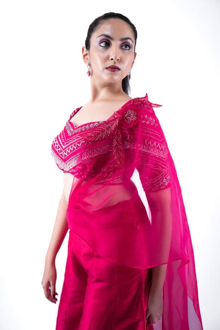 Pooja Kankariya Fuchsia Silk, Organza Sequins, Beads Sweetheart Embroidered Blouse Sharara Set at Aza Fashions Pooja Kankariya_Fuchsia Silk, Organza Sequins, Beads Sweetheart Embroidered Blouse Sharara Set _at_Aza_Fashions