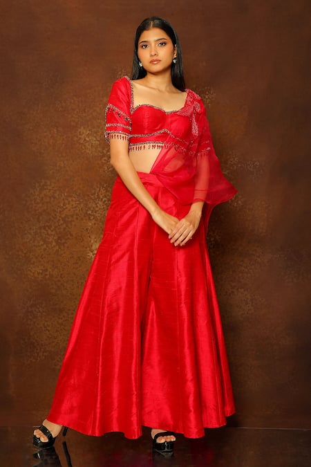 Pooja Kankariya Red Silk, Organza Sequins, Beads, Cut Work, Tasseled Blouse Sharara Set 