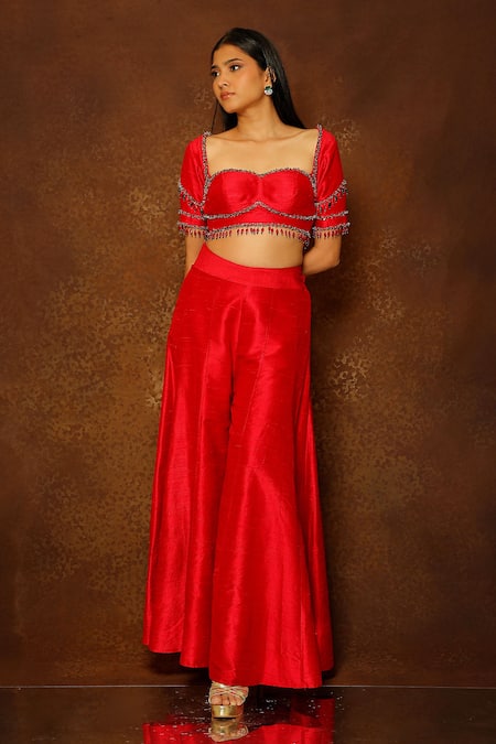 Pooja Kankariya Red Silk, Organza Sequins, Beads, Cut Work, Tasseled Blouse Sharara Set Online at Aza Fashions Pooja Kankariya_Red Silk, Organza Sequins, Beads, Cut Work, Tasseled Blouse Sharara Set _Online_at_Aza_Fashions