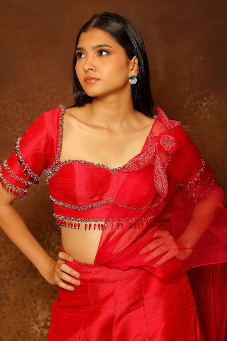 Buy Pooja Kankariya Red Silk, Organza Sequins, Beads, Cut Work, Tasseled Blouse Sharara Set Online at Aza Fashions Buy_Pooja Kankariya_Red Silk, Organza Sequins, Beads, Cut Work, Tasseled Blouse Sharara Set _Online_at_Aza_Fashions