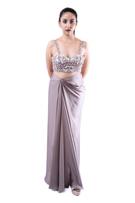 Buy Pooja Kankariya Grey Crepe, Satin Pearls, Sequins, Galah Embellished Bustier And Draped Skirt Set Online at Aza Fashions Buy_Pooja Kankariya_Grey Crepe, Satin Pearls, Sequins, Galah Embellished Bustier And Draped Skirt Set _Online_at_Aza_Fashions