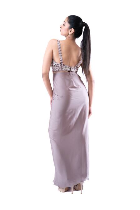Buy Pooja Kankariya Grey Crepe, Satin Pearls, Sequins, Galah Embellished Bustier And Draped Skirt Set Buy_Pooja Kankariya_Grey Crepe, Satin Pearls, Sequins, Galah Embellished Bustier And Draped Skirt Set