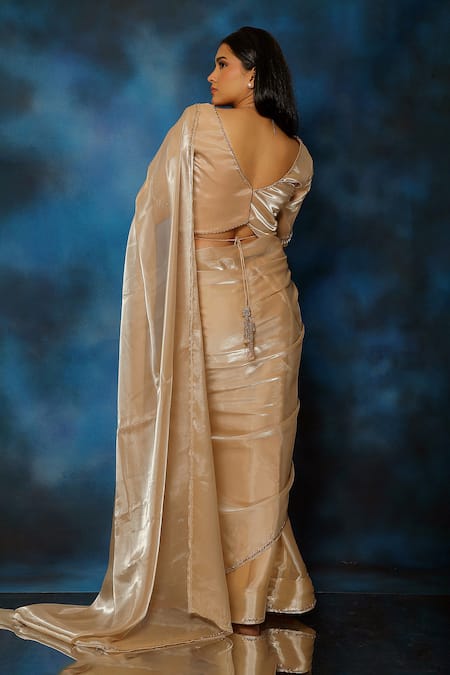 Pooja Kankariya Gold Tissue Organza Embroidered Bead V Galah And Thread Embellished Saree Set Online at Aza Fashions Pooja Kankariya_Gold Tissue Organza Embroidered Bead V Galah And Thread Embellished Saree Set _Online_at_Aza_Fashions