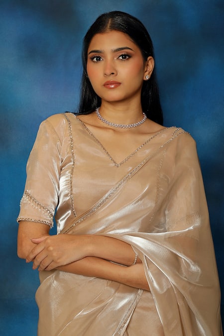 Shop Pooja Kankariya Gold Tissue Organza Embroidered Bead V Galah And Thread Embellished Saree Set Online at Aza Fashions Shop_Pooja Kankariya_Gold Tissue Organza Embroidered Bead V Galah And Thread Embellished Saree Set _Online_at_Aza_Fashions