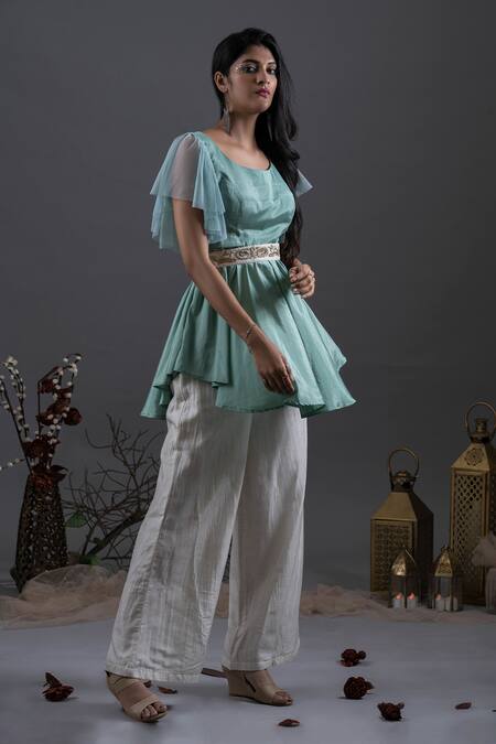 Pooja Kankariya Green Crepe Silk Round Peplum Tunic Set With Embroidered Belt Online at Aza Fashions Pooja Kankariya_Green Crepe Silk Round Peplum Tunic Set With Embroidered Belt _Online_at_Aza_Fashions
