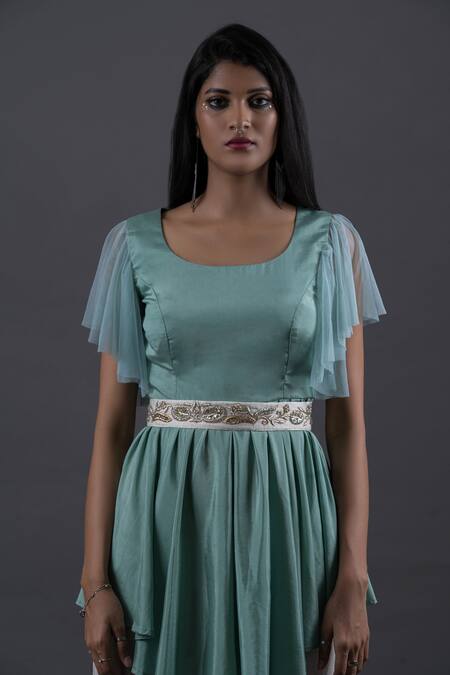 Buy Pooja Kankariya Green Crepe Silk Round Peplum Tunic Set With Embroidered Belt Online at Aza Fashions Buy_Pooja Kankariya_Green Crepe Silk Round Peplum Tunic Set With Embroidered Belt _Online_at_Aza_Fashions