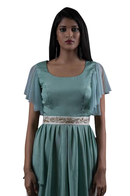 Shop Pooja Kankariya Green Crepe Silk Round Peplum Tunic Set With Embroidered Belt Online at Aza Fashions Shop_Pooja Kankariya_Green Crepe Silk Round Peplum Tunic Set With Embroidered Belt _Online_at_Aza_Fashions