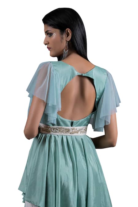 Pooja Kankariya Green Crepe Silk Round Peplum Tunic Set With Embroidered Belt at Aza Fashions Pooja Kankariya_Green Crepe Silk Round Peplum Tunic Set With Embroidered Belt _at_Aza_Fashions