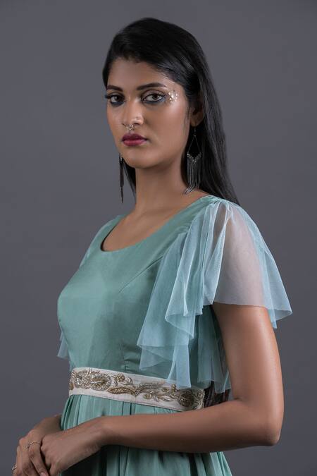 Buy Pooja Kankariya Green Crepe Silk Round Peplum Tunic Set With Embroidered Belt Buy_Pooja Kankariya_Green Crepe Silk Round Peplum Tunic Set With Embroidered Belt