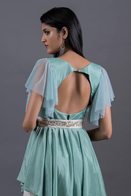 Shop Pooja Kankariya Green Crepe Silk Round Peplum Tunic Set With Embroidered Belt at Aza Fashions Shop_Pooja Kankariya_Green Crepe Silk Round Peplum Tunic Set With Embroidered Belt _at_Aza_Fashions