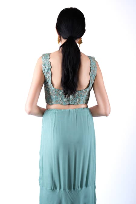 Shop Pooja Kankariya Green Silk, Chiffon Sequins, Zari, Beads Square Honey Dew Pre-draped Saree Set at Aza Fashions Shop_Pooja Kankariya_Green Silk, Chiffon Sequins, Zari, Beads Square Honey Dew Pre-draped Saree Set _at_Aza_Fashions