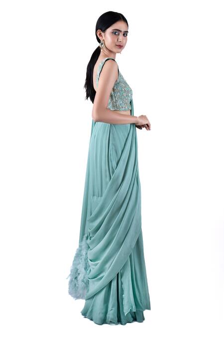 Pooja Kankariya Green Silk, Chiffon Sequins, Zari, Beads Square Honey Dew Pre-draped Saree Set Online at Aza Fashions Pooja Kankariya_Green Silk, Chiffon Sequins, Zari, Beads Square Honey Dew Pre-draped Saree Set _Online_at_Aza_Fashions