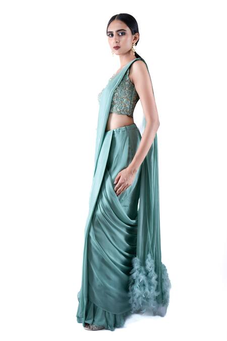 Buy Pooja Kankariya Green Silk, Chiffon Sequins, Zari, Beads Square Honey Dew Pre-draped Saree Set Online at Aza Fashions Buy_Pooja Kankariya_Green Silk, Chiffon Sequins, Zari, Beads Square Honey Dew Pre-draped Saree Set _Online_at_Aza_Fashions