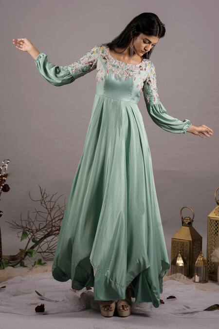 Pooja Kankariya Green Crepe, Silk Beads, Crystals Round Neck Embroidered Yoke Gown Online at Aza Fashions Pooja Kankariya_Green Crepe, Silk Beads, Crystals Round Neck Embroidered Yoke Gown _Online_at_Aza_Fashions