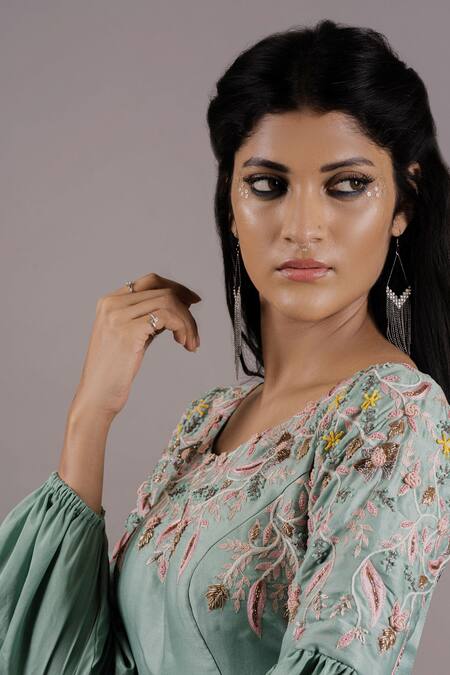 Buy Pooja Kankariya Green Crepe, Silk Beads, Crystals Round Neck Embroidered Yoke Gown Online at Aza Fashions Buy_Pooja Kankariya_Green Crepe, Silk Beads, Crystals Round Neck Embroidered Yoke Gown _Online_at_Aza_Fashions