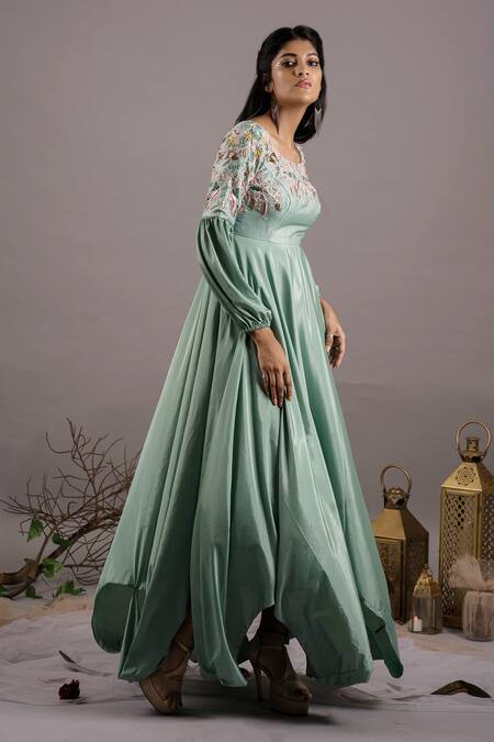 Shop Pooja Kankariya Green Crepe, Silk Beads, Crystals Round Neck Embroidered Yoke Gown Online at Aza Fashions Shop_Pooja Kankariya_Green Crepe, Silk Beads, Crystals Round Neck Embroidered Yoke Gown _Online_at_Aza_Fashions