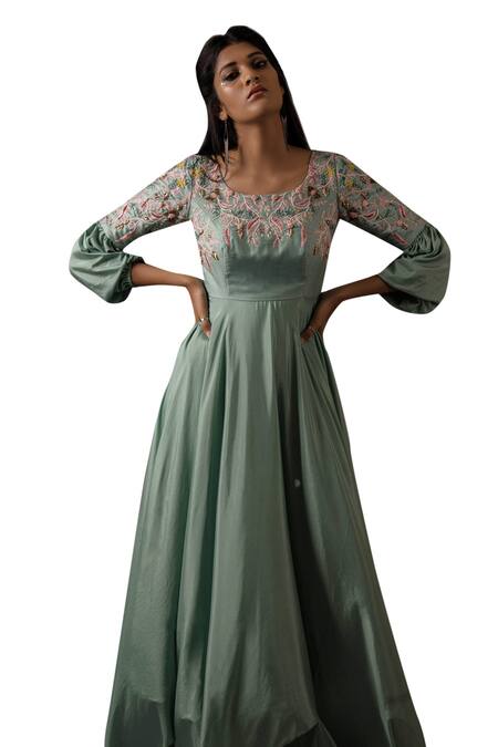 Pooja Kankariya Green Crepe, Silk Beads, Crystals Round Neck Embroidered Yoke Gown at Aza Fashions Pooja Kankariya_Green Crepe, Silk Beads, Crystals Round Neck Embroidered Yoke Gown _at_Aza_Fashions