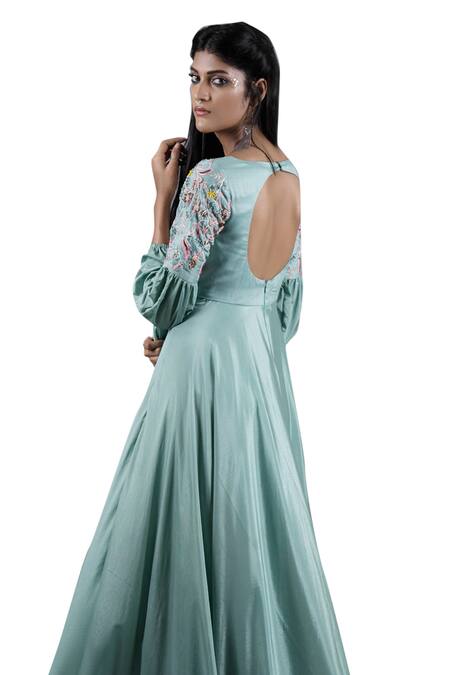 Buy Pooja Kankariya Green Crepe, Silk Beads, Crystals Round Neck Embroidered Yoke Gown Buy_Pooja Kankariya_Green Crepe, Silk Beads, Crystals Round Neck Embroidered Yoke Gown