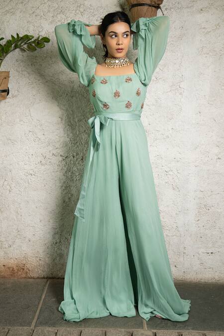 Pooja Kankariya Green Georgette Sequins, Beads Square Neck Embroidered Butti Jumpsuit Online at Aza Fashions Pooja Kankariya_Green Georgette Sequins, Beads Square Neck Embroidered Butti Jumpsuit _Online_at_Aza_Fashions