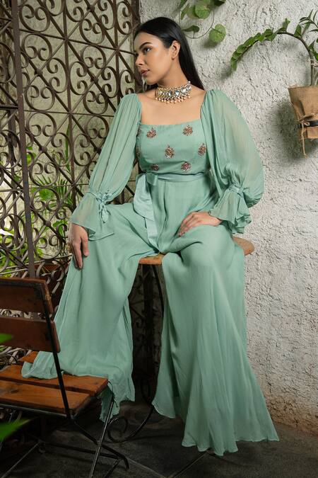 Buy Pooja Kankariya Green Georgette Sequins, Beads Square Neck Embroidered Butti Jumpsuit Buy_Pooja Kankariya_Green Georgette Sequins, Beads Square Neck Embroidered Butti Jumpsuit