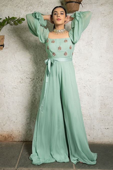Shop Pooja Kankariya Green Georgette Sequins, Beads Square Neck Embroidered Butti Jumpsuit at Aza Fashions Shop_Pooja Kankariya_Green Georgette Sequins, Beads Square Neck Embroidered Butti Jumpsuit _at_Aza_Fashions