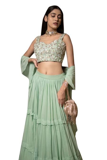 Buy Pooja Kankariya Green Silk, Georgette Beads, Zari, Pearls Sweetheart Pleated Tiered Lehenga Set Online at Aza Fashions Buy_Pooja Kankariya_Green Silk, Georgette Beads, Zari, Pearls Sweetheart Pleated Tiered Lehenga Set _Online_at_Aza_Fashions