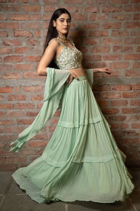 Pooja Kankariya Green Silk, Georgette Beads, Zari, Pearls Sweetheart Pleated Tiered Lehenga Set at Aza Fashions Pooja Kankariya_Green Silk, Georgette Beads, Zari, Pearls Sweetheart Pleated Tiered Lehenga Set _at_Aza_Fashions