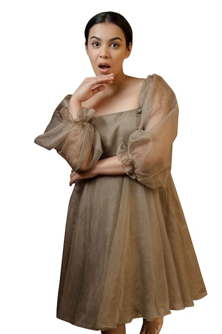 Buy Pooja Kankariya Green Organza Silk Square Corseted Bust Puffed Sleeve Dress Buy_Pooja Kankariya_Green Organza Silk Square Corseted Bust Puffed Sleeve Dress
