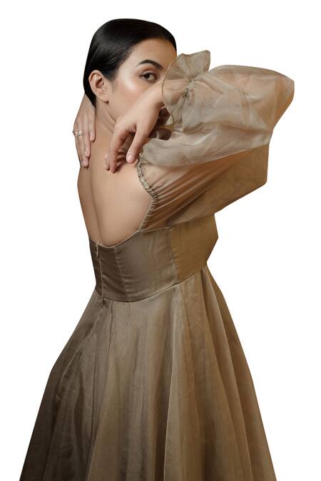 Shop Pooja Kankariya Green Organza Silk Square Corseted Bust Puffed Sleeve Dress Shop_Pooja Kankariya_Green Organza Silk Square Corseted Bust Puffed Sleeve Dress