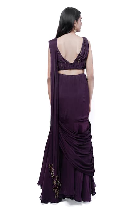 Shop Pooja Kankariya Purple Organza, Chiffon Sequins V-neck Pre-draped Saree With Embroidered Blouse at Aza Fashions Shop_Pooja Kankariya_Purple Organza, Chiffon Sequins V-neck Pre-draped Saree With Embroidered Blouse _at_Aza_Fashions