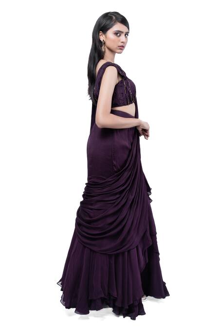 Pooja Kankariya Purple Organza, Chiffon Sequins V-neck Pre-draped Saree With Embroidered Blouse Online at Aza Fashions Pooja Kankariya_Purple Organza, Chiffon Sequins V-neck Pre-draped Saree With Embroidered Blouse _Online_at_Aza_Fashions
