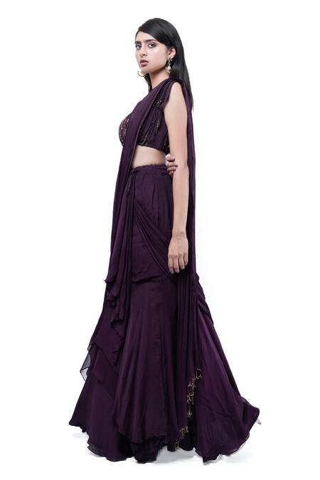 Buy Pooja Kankariya Purple Organza, Chiffon Sequins V-neck Pre-draped Saree With Embroidered Blouse Online at Aza Fashions Buy_Pooja Kankariya_Purple Organza, Chiffon Sequins V-neck Pre-draped Saree With Embroidered Blouse _Online_at_Aza_Fashions