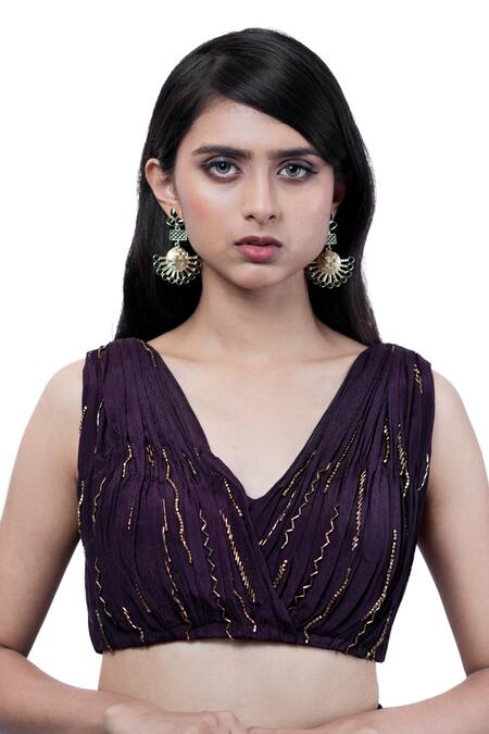Shop Pooja Kankariya Purple Organza, Chiffon Sequins V-neck Pre-draped Saree With Embroidered Blouse Online at Aza Fashions Shop_Pooja Kankariya_Purple Organza, Chiffon Sequins V-neck Pre-draped Saree With Embroidered Blouse _Online_at_Aza_Fashions