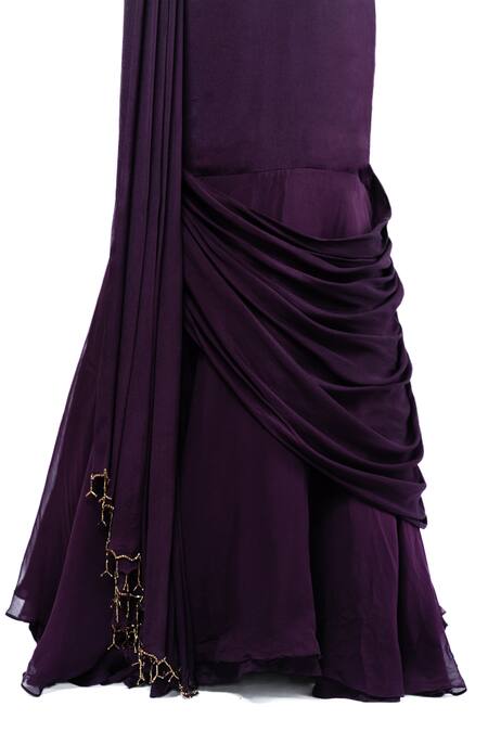 Buy Pooja Kankariya Purple Organza, Chiffon Sequins V-neck Pre-draped Saree With Embroidered Blouse Buy_Pooja Kankariya_Purple Organza, Chiffon Sequins V-neck Pre-draped Saree With Embroidered Blouse