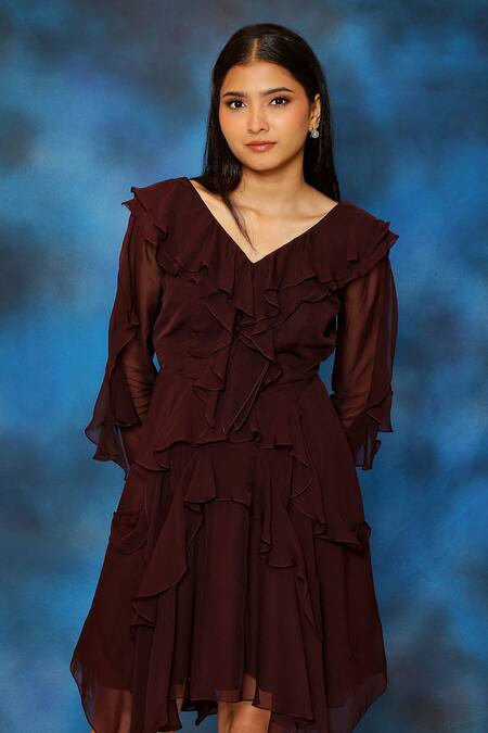 Pooja Kankariya Wine Organza V Neck Ruffled Dress Online at Aza Fashions Pooja Kankariya_Wine Organza V Neck Ruffled Dress _Online_at_Aza_Fashions