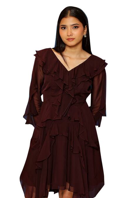 Buy Pooja Kankariya Wine Organza V Neck Ruffled Dress Online at Aza Fashions Buy_Pooja Kankariya_Wine Organza V Neck Ruffled Dress _Online_at_Aza_Fashions