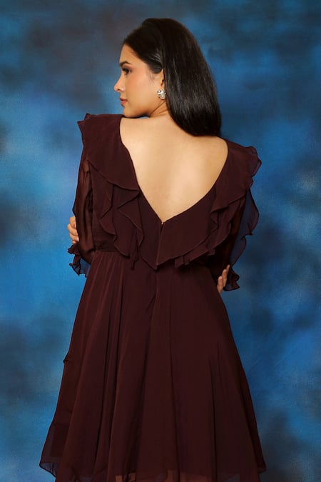 Shop Pooja Kankariya Wine Organza V Neck Ruffled Dress Online at Aza Fashions Shop_Pooja Kankariya_Wine Organza V Neck Ruffled Dress _Online_at_Aza_Fashions