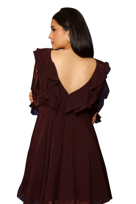 Pooja Kankariya Wine Organza V Neck Ruffled Dress at Aza Fashions Pooja Kankariya_Wine Organza V Neck Ruffled Dress _at_Aza_Fashions